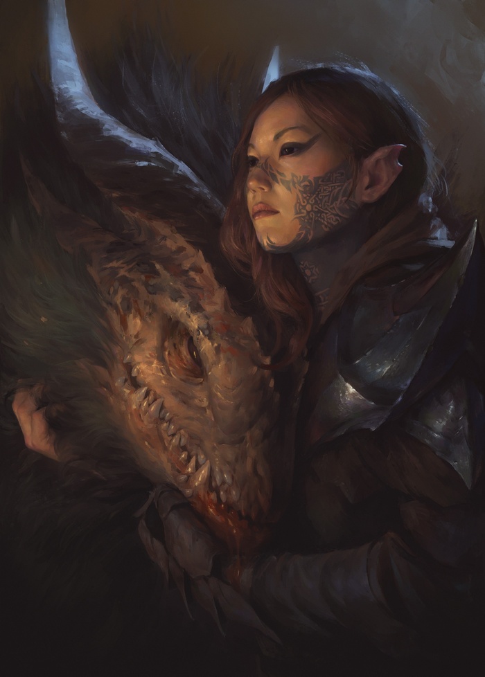 Woman with dragon tattoos and a dragon