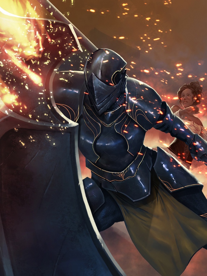 Knight in dark armor amidst fire and sparks