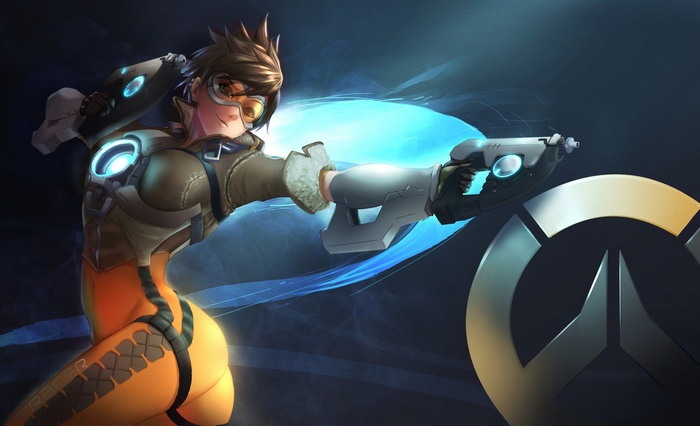 Tracer from Overwatch holding a weapon