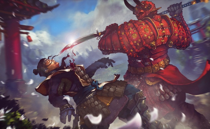 Samurai warrior in red armor strikes down opponent