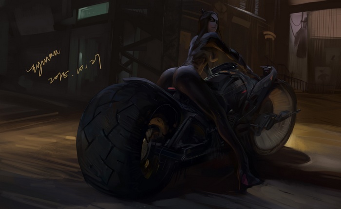 Catwoman on a futuristic motorcycle