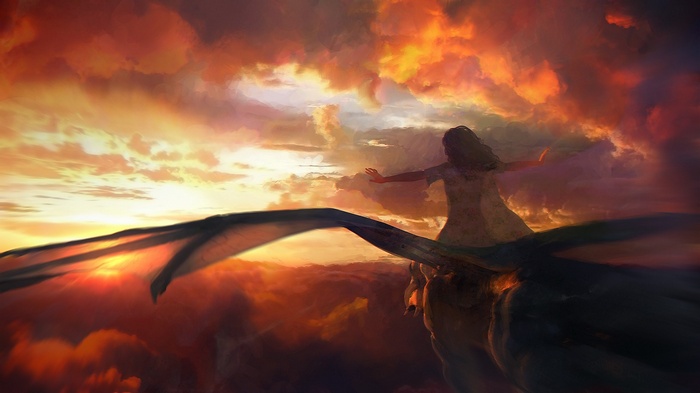 Girl riding a dragon through sunset clouds