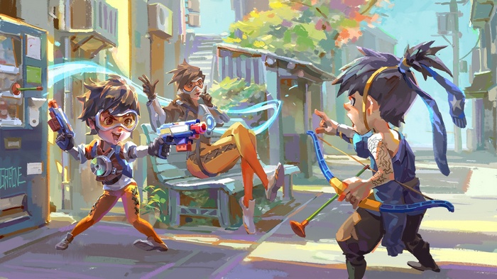 Overwatch characters Tracer and Hanzo in a playful scene