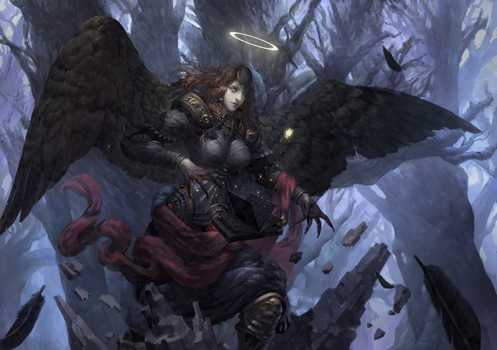Fallen Angel with Black Wings in a Dark Forest