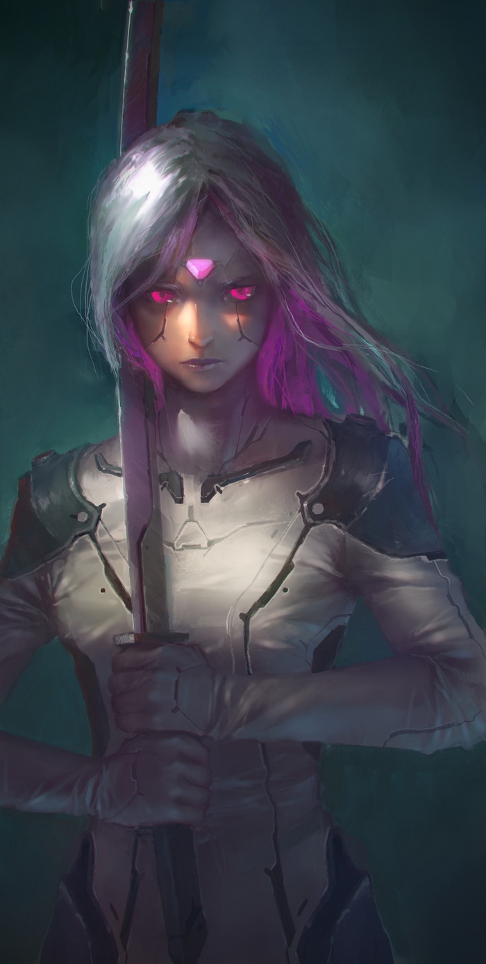 Science fiction warrior with pink hair and sword