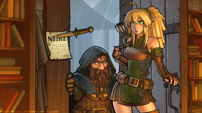 Elf Archer and Dwarf in a Rainy Tavern