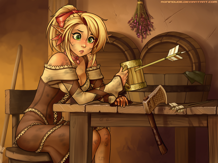 Elf girl with blonde hair and bow and arrow