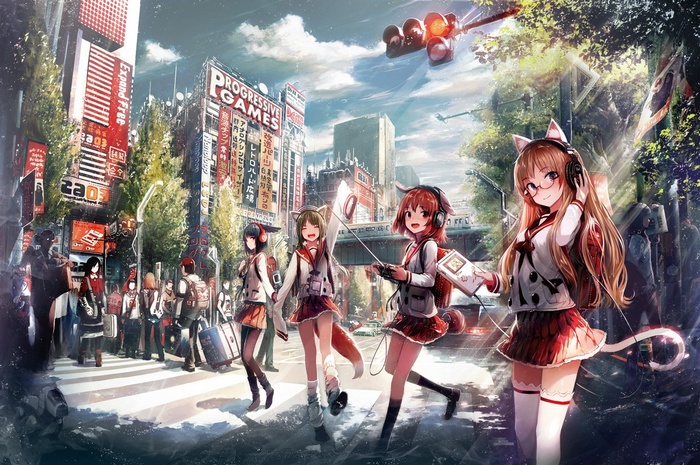 original characters, sky, city, anime girls, school uniform, cat girl, fox girl, animal ears, tail