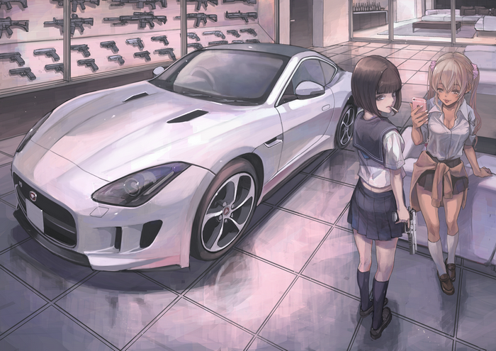 Anime girls with guns and a Jaguar car