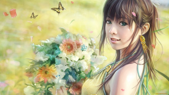 Artwork of an Asian woman holding flowers with butterflies