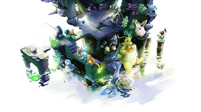 Pokémon characters in a water-themed ancient ruin