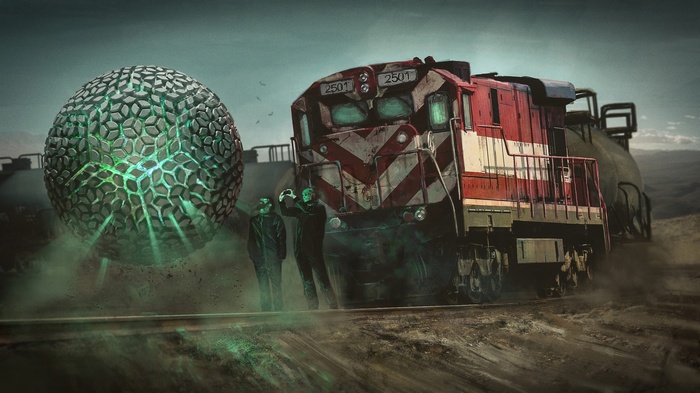 Train and mysterious sphere in a desolate landscape