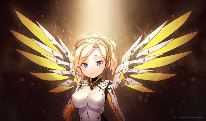 Mercy from Overwatch with large golden wings