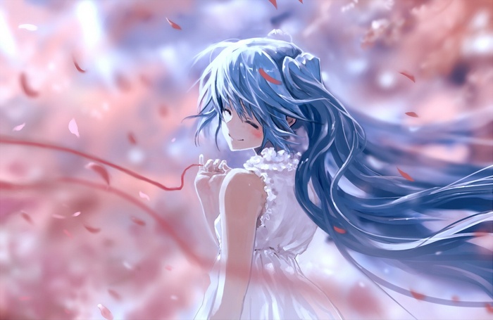 Hatsune Miku in a white dress with flower petals