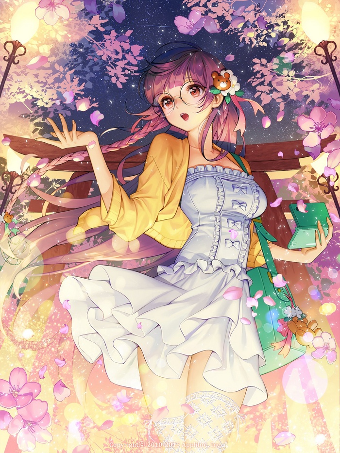 Anime girl with purple hair and glasses on a bench