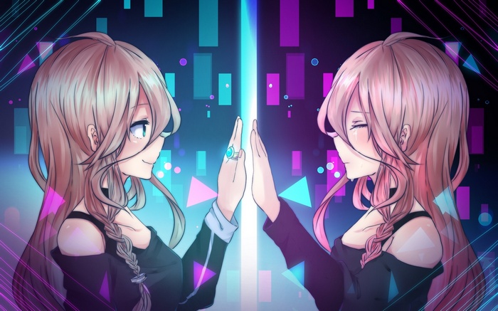 Two anime girls with pink hair touching hands