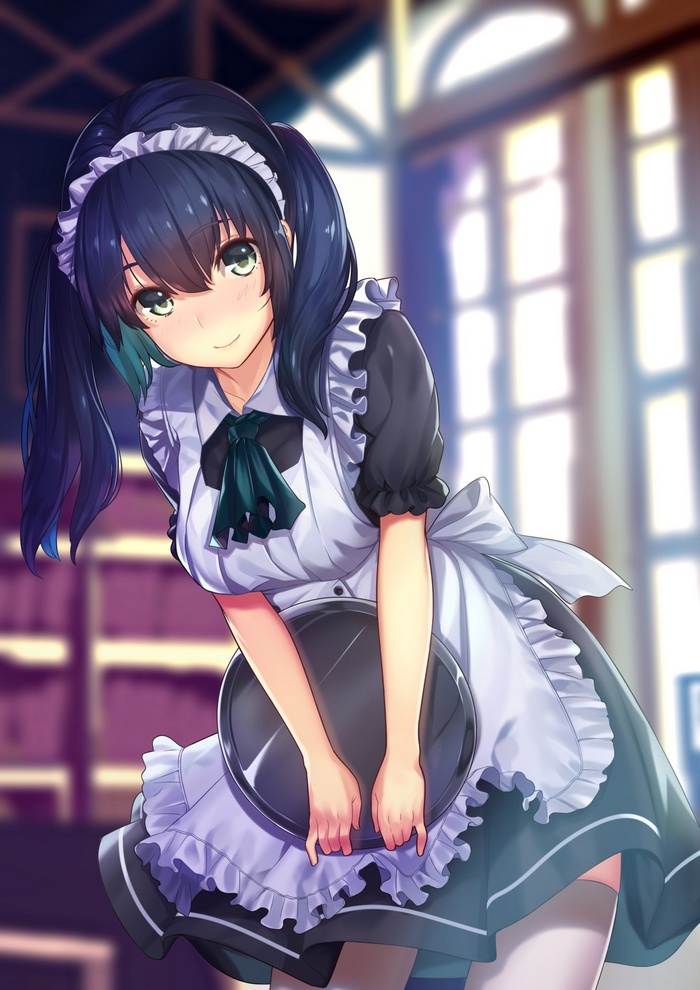 Anime girl with green eyes in maid outfit holding tray
