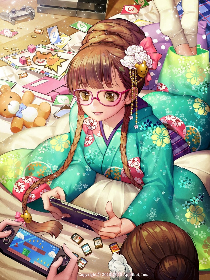 Anime girl in kimono playing PlayStation Vita