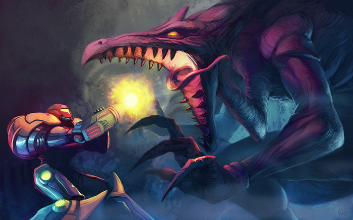 Samus Aran fights Ridley in Super Metroid