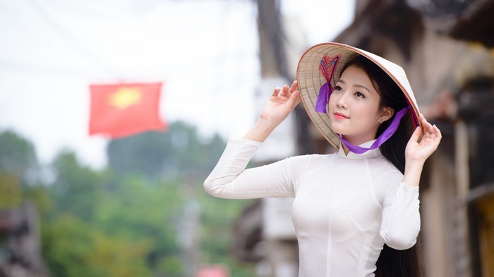 hat, white dress, brown eyes, brunette, arms up, Asia, áo dài, Vietnam, standing, vietnamese, women, looking away, nón lá
