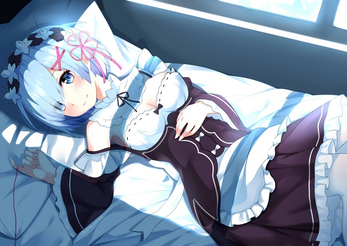 Rem from Re:Zero lying in bed