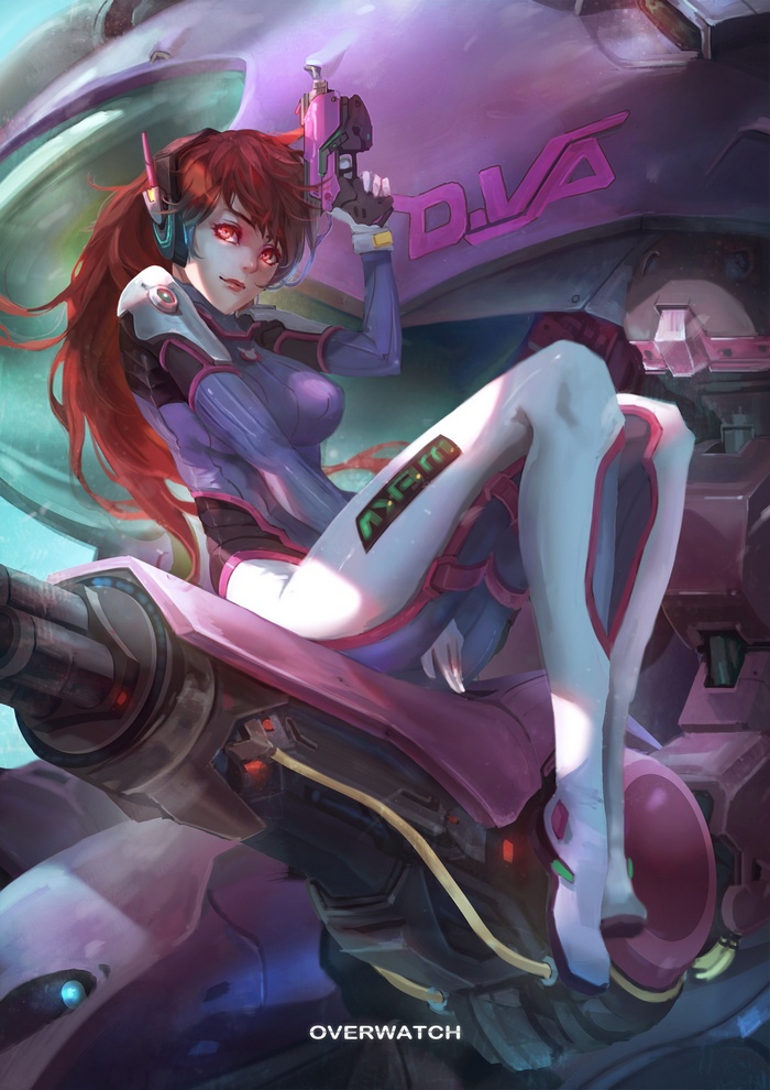 D.Va from Overwatch sitting on her mech