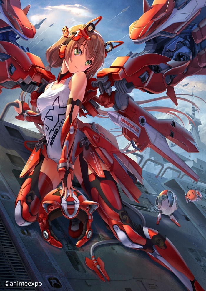 Mecha Girl with Green Eyes and Red Wings