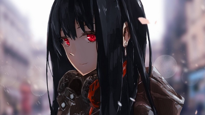 Shibuya Rin with red eyes in an urban setting