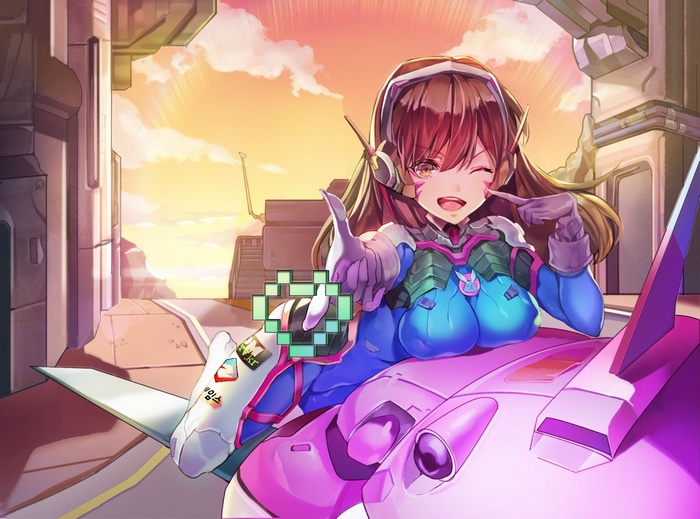 D.Va from Overwatch winks while sitting on her mech
