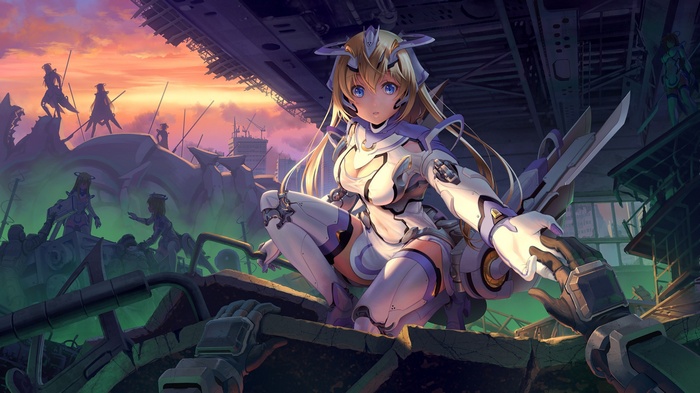 Anime girl in mecha armor in ruins at sunset