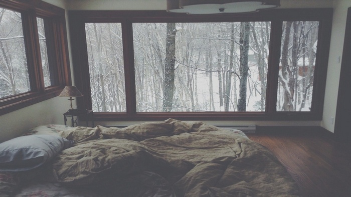 Bedroom with a large window overlooking a snowy forest