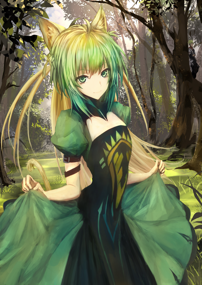 Atalanta in a green dress in a forest