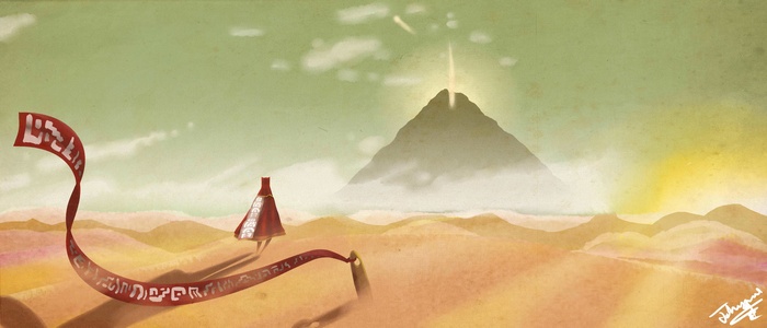 Journey game character walks through desert towards mountain