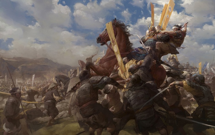 Samurai warriors clash in a chaotic battle scene