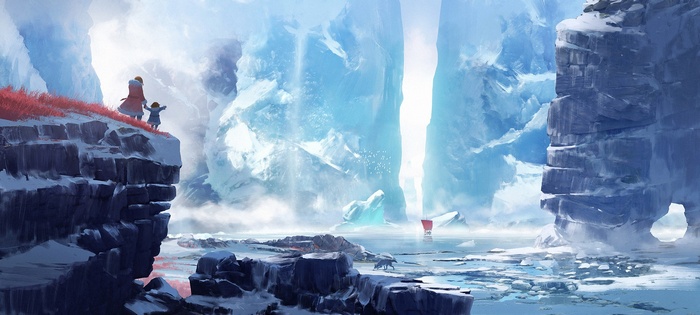 Two figures stand on a snowy cliff overlooking an icy landscape with a boat.