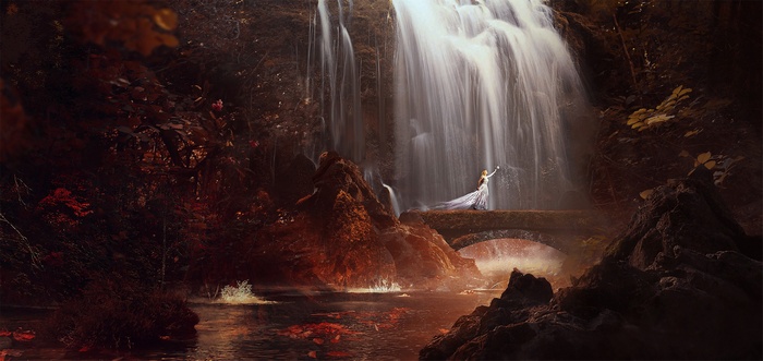 Fantasy girl on a bridge near a waterfall