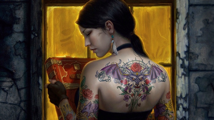 gloves, feathers, bare shoulders, artwork, tattoo, anime, books, Mercy Thompson, brunette, black dress, ponytail, women