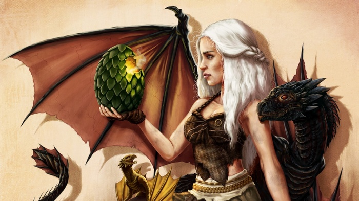 Daenerys Targaryen and her dragons hatching an egg