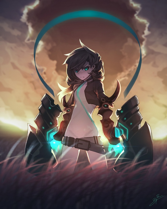 Anime girl with aqua eyes and mechanical arms