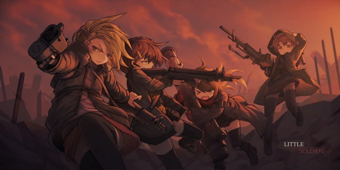 Four anime girls with guns in a war-torn setting