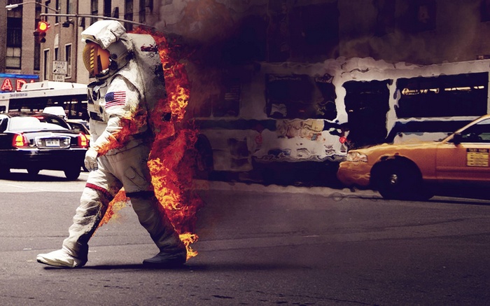 Astronaut on fire crossing a street in New York City