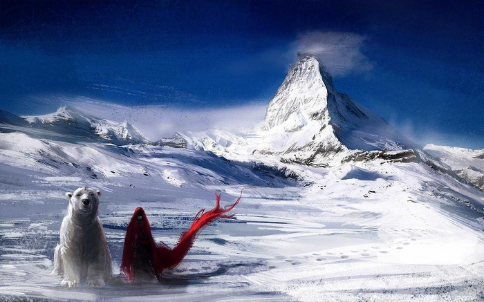 Polar bear and red cloaked figure in snowy mountains