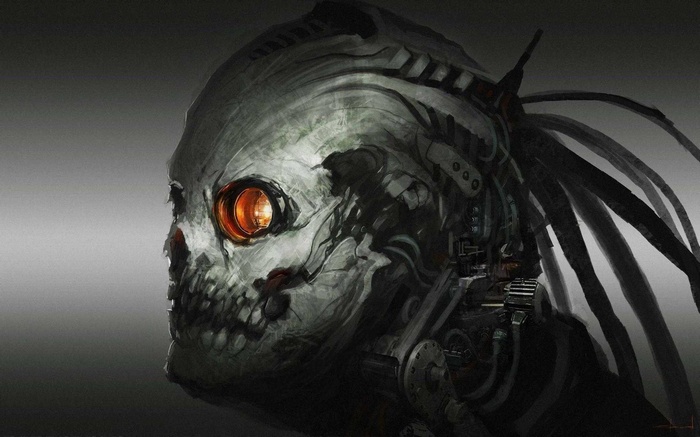 Cyborg skull with glowing orange eye and wires