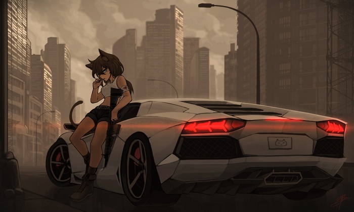 Anime girl with animal ears and a gun leaning on a white car