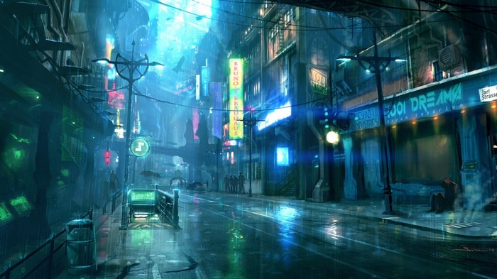 Cyberpunk street at night with neon lights and rain