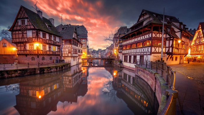 Strasbourg canal at sunset with historic buildings