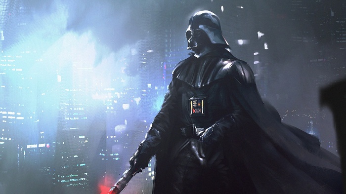 Darth Vader with Lightsaber in a Cityscape