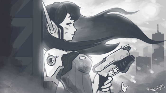 D.Va from Overwatch holding a blaster in a city