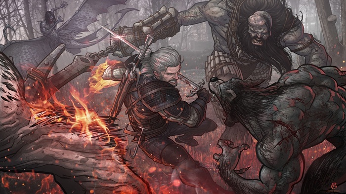 Geralt of Rivia fighting monsters in The Witcher 3
