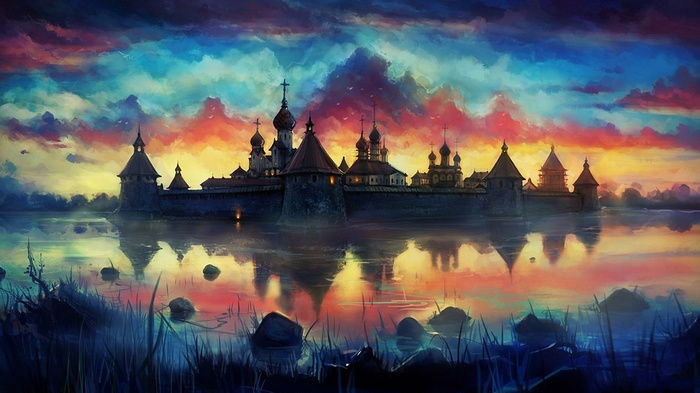 Monastery reflected in water under colorful sky